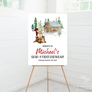 Bear Welcome Sign, Beary 1st Birthday Welcome Sign, Baby First Birthday, 1st Birthday Sign, Red Bear Welcome Sign, Beary First Birthday BR1 image 2