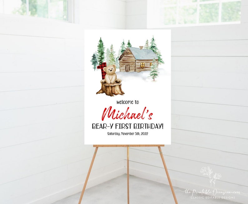 Bear Welcome Sign, Beary 1st Birthday Welcome Sign, Baby First Birthday, 1st Birthday Sign, Red Bear Welcome Sign, Beary First Birthday BR1 image 2