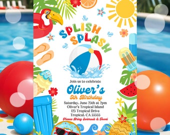 EDITABLE Splish Splash Pool Party Invitation  Pool Party Invitation Summer Tropical Swimming Pool Splash Pad Party Instant Download P9A