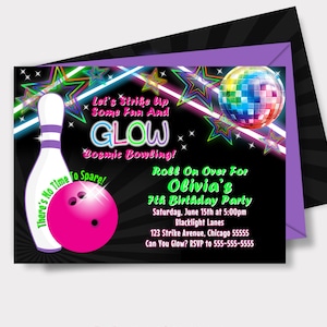 EDITABLE Girl's Glow Bowling Invitations, Bowling Birthday Party, Cosmic Bowling Invitations, Birthday Party Girls, Glow Party Neon Party B2 image 1