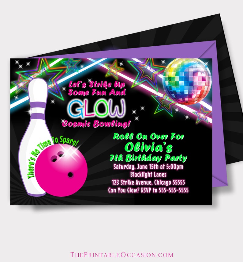 EDITABLE Girl's Glow Bowling Invitations, Bowling Birthday Party, Cosmic Bowling Invitations, Birthday Party Girls, Glow Party Neon Party B2 image 1