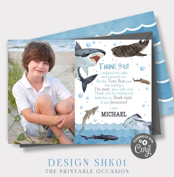 EDITABLE Shark Thank You Cards, Shark Photo Thank You Cards, Shark Birthday Party Thank You Cards, Shark Party, Instant Download SHK Il_570xn