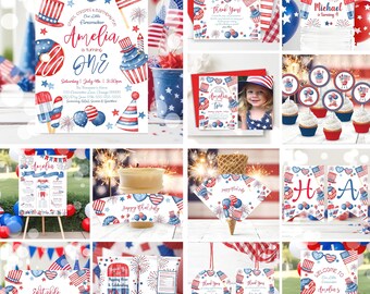 Editable 4th of July Birthday Invitation Bundle Little Firecracker Patriotic Fireworks Invitation Template Printable Decor P2