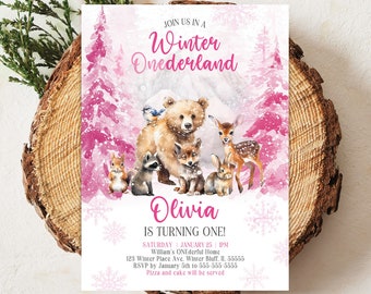 Girl's Winter ONEderland Woodland Birthday Invitation Editable Winter ONEderland First Birthday Invite ONEderland Forest Animals Trees W2