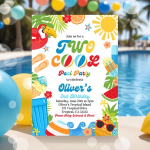 Two Cool 2th Birthday Pool Party Editable Invitation Summer Splish Splash Tropical Swimming Splash Pad Party Instant Download P9A