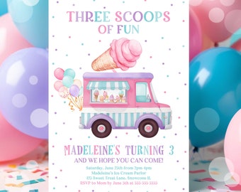 Editable Ice Cream Truck Three Scoops Of Fun 3rd Birthday Party Invitation Ice Cream 3rd Birthday Three Scoops Of Fun Instant Download C3C