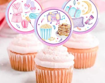 Pancakes and Pajamas Slumber Party Cupcake Toppers Printable Slumber Party Favor Tags Girl Birthday Decoration Pajamas Instant Download SO1