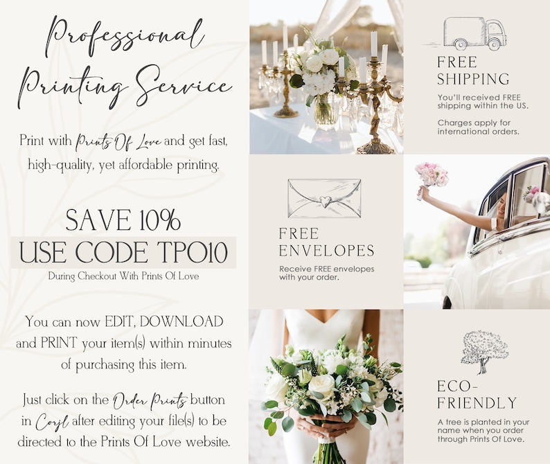 May include: A collage of images promoting a professional printing service called "Prints Of Love". The collage includes images of flowers, envelopes, a car, and a tree. The text "SAVE 10% USE CODE TPO10" is featured in the collage.
