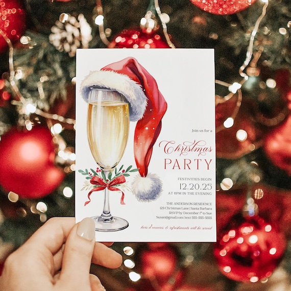 Adult Christmas Party Invitation Holiday Cocktail Invite Champagne Glass Santa Hat Coquette Bow Holiday Party Evite Invite Canva HC1