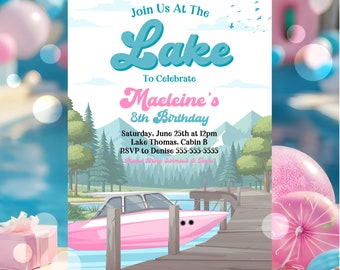 Girl's Lake Birthday Party Invitation Girl's Pink Boat Lake Birthday Party Summer Lake Water Party Join Us At The Lake Party Invite L4A