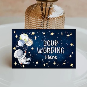 Editable Food Labels Outer Space Astronaut Birthday Galaxy Food Labels Place Card Tent Card Space Food Tent Card Blue Corjl Template SP1