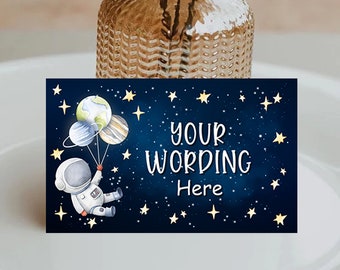 Editable Food Labels Outer Space Astronaut Birthday Galaxy Food Labels Place Card Tent Card Space Food Tent Card Blue Corjl Template SP1