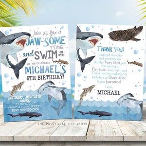 May include: A blue and white invitation with a shark illustration. The invitation is for a 5th birthday party with the theme "Jaw-some Time and Swim Over". The text on the invitation reads "Join us for a Jaw-some Time and Swim Over as we celebrate Michael's 5th Birthday!" and "Saturday, June 30th 3:00PM 123 Shark Cove Paradise Island 99999 RSVP 555-555-5555".