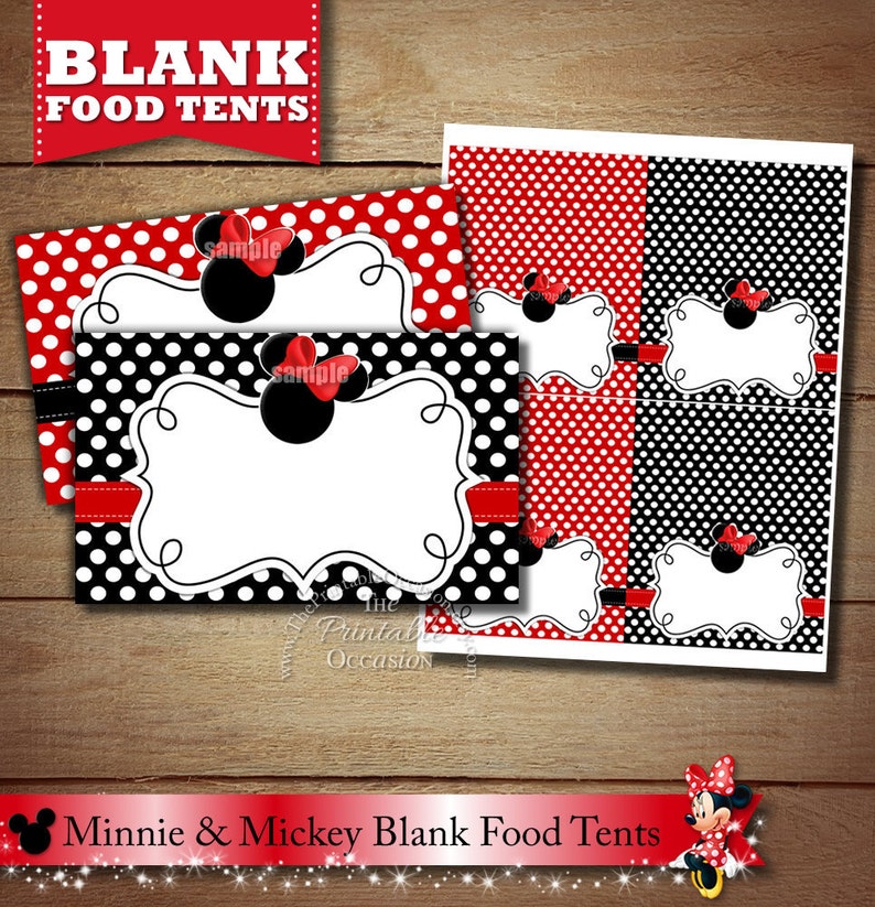 Red Minnie Mouse Placecards for Birthday Party or Baby Shower Red and Black Minnie Mouse Food Tents MMRY Blank Red Minnie Mouse Food Tents