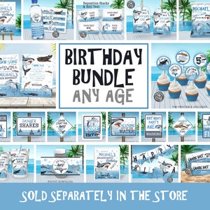 May include: A birthday party printable bundle featuring a shark theme. The bundle includes invitations, thank you cards, cupcake toppers, water bottle labels, signs, and a banner. The colors are blue, white, and gray. The text on the image says "Birthday Bundle Any Age".