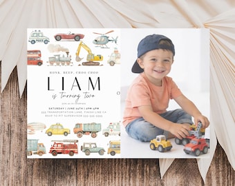 May include: A birthday invitation featuring watercolor illustrations of various vehicles, including a police car, train, and fire truck. The invitation reads "LIAM is turning two" with event details. A young boy is shown playing with toy trucks.