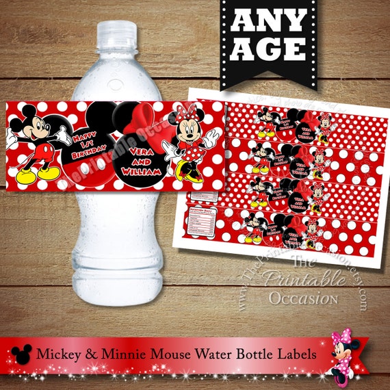 Mickey Minnie Mouse Twin Water Bottle Labels - Red Boy Girl Mickey Minnie Mouse BirthdayWater Bottle Label Il_570xn