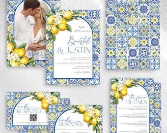 Italian Blue Tiles and Lemon Wedding Invitation Bundle Template Mediterranean Wedding Arched Invite Positano Printable Instant Download MT1