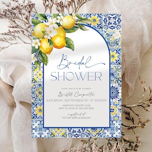 Main Squeeze Bridal Shower Invitation Lemon Bridal Shower Citrus Bridal Shower Invitation Blue Mediterranean Lemon Theme Lemons Canva MT1