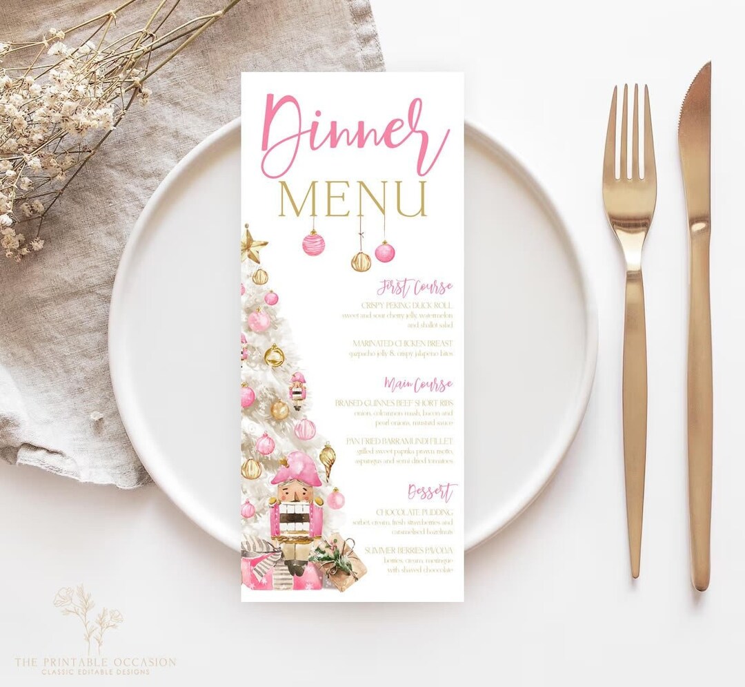 Nutcracker Christmas Menu Card Template Pink and Gold Nutcracker