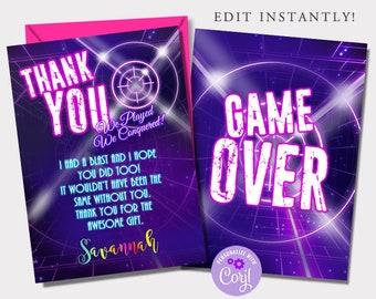 EDITABLE Girl's Laser Tag Thank You Card Editable Laser Tag Birthday Thank You Card Instant Download Corjl Laser Tag Birthday, Lazer Tag GLT