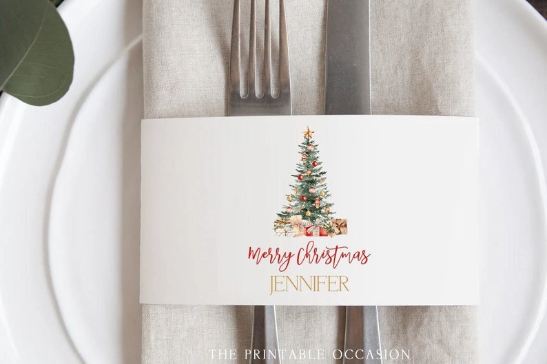 Christmas Place Card Template, Holiday Name Card Printable, Merry Christmas Napkin Wrap, Editable Name Tag, Custom Christmas Name Card T2C image 1