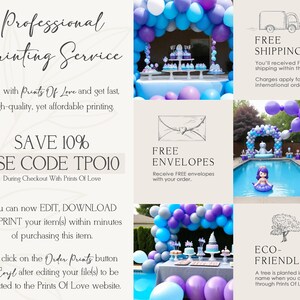 May include: A graphic design advertisement for a professional printing service called "Prints Of Love". The ad features a blue and purple balloon arch, a pool with a mermaid float, and a table with cupcakes. The ad also includes text that says "Save 10% Use Code TPO10" and "Free Envelopes".