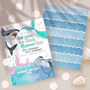 May include: A blue and green invitation with a mermaid tail and sharks. The text reads "Splish Splash Join us for a Jaw-Some Shark Mermaid Bash". The invitation is for a birthday party for Mark, David, and Olivia & Maria.
