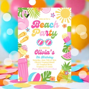 EDITABLE Beach Birthday Party Invitation Tropical Splish Splash Girly Beach Party Invite Summer Party At The Beach Instant Download P5 image 3