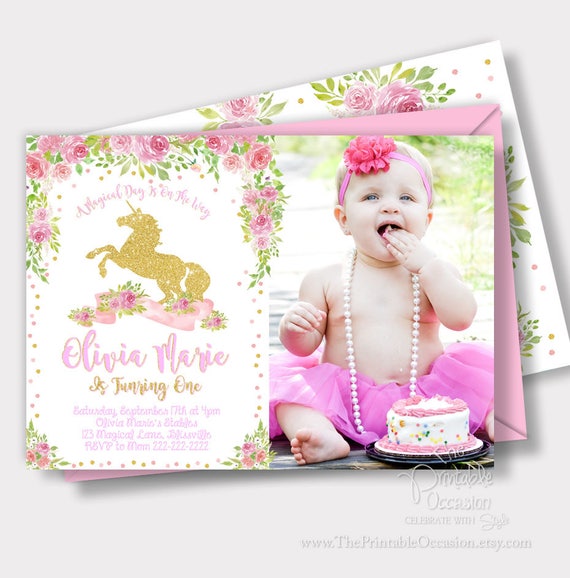 SAME DAY SVC Unicorn Birthday Invitation, Unicorn Birthday Party, Pink & Gold Unicorn, Floral, Magical Unicorn 1st Birthday, Watercolor Il_570xn