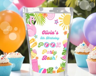 Editable Pool Party Juice Pouch Labels Tropical Splish Splash Girly Pool Party Summer Swimming Pool Splash Pad Party Instant Download P5