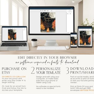 Editable bonfire party invitation template appears on a desktop computer, laptop, tablet, and phone screen. Full design layout and text areas are visible across each device. Clean home office desk with plants and modern decor surrounds the screens. Bright indoor lighting shows easy browser based editing from multiple devices.