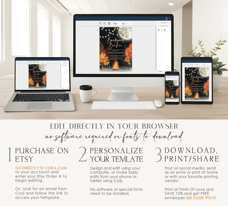 Editable bonfire party invitation template appears on a desktop computer, laptop, tablet, and phone screen. Full design layout and text areas are visible across each device. Clean home office desk with plants and modern decor surrounds the screens. Bright indoor lighting shows easy browser based editing from multiple devices.