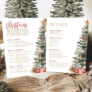 May include: A Christmas weekend itinerary card with a festive design. The card features a Christmas tree illustration with red ornaments and gold accents. The itinerary includes details for a weekend trip, with text in a handwritten style.