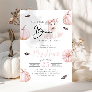 A Little Boo Baby Shower Invitation Girl Pink Halloween Shower Evite Editable Ghost Baby Shower Invite Template Pumpkin Baby Shower HG1