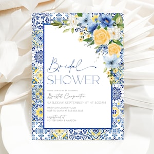 Mediterranean Lemon Bridal Shower Invitation Template, Italian Blue Tiles Bridal Shower Arched Invite, Main Squeeze, Instant Download MT3