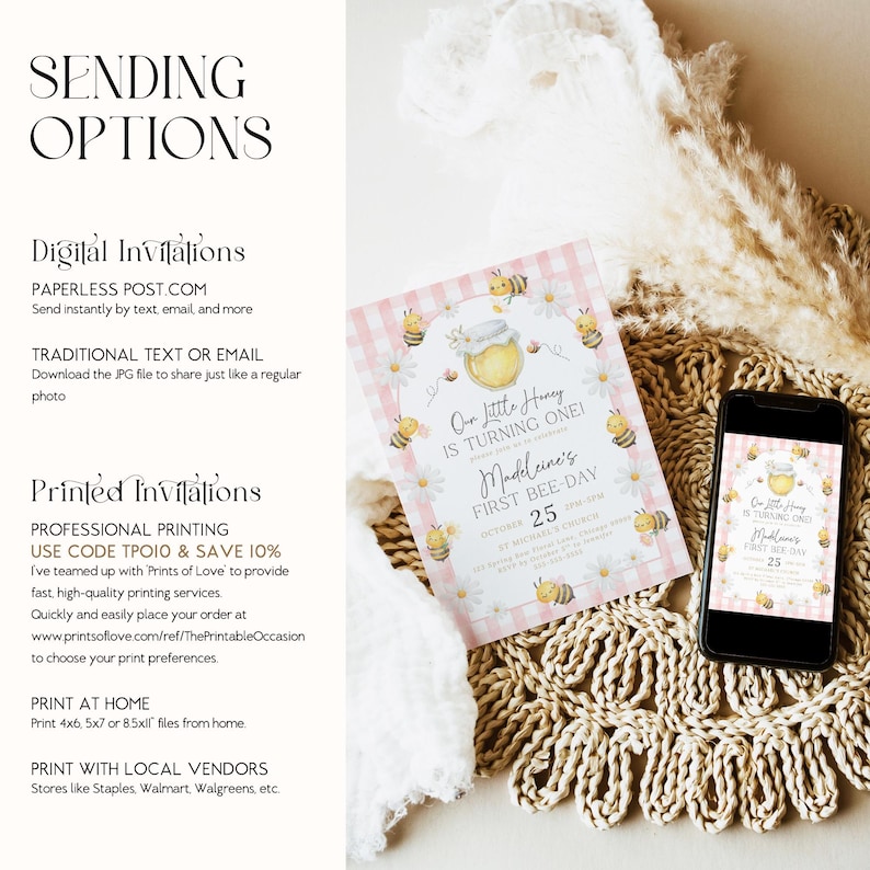 May include: A bee-themed first birthday invitation with a pink gingham border, daisies, and honey pot illustration. The invitation reads "Our Little Honey is Turning One!" and includes the name "Madeleine" and the date October 25.