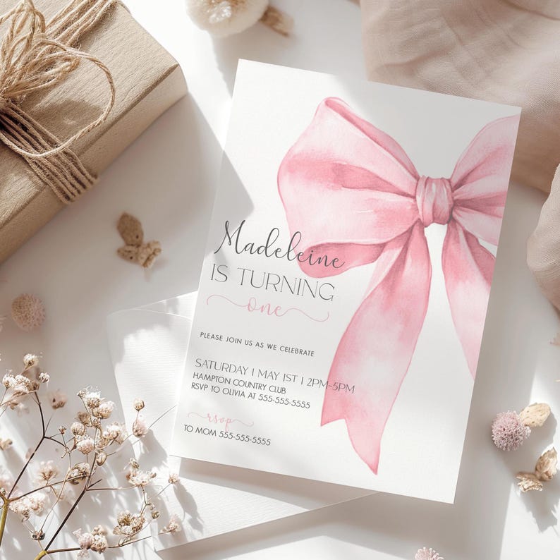 Pink Bow 1st Birthday Invitation Girl First Birthday Template Printable Pink Coquette Bow Invitation 1st Birthday Girl Invite Bow Invite