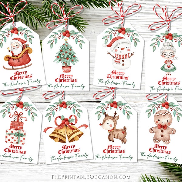 Christmas Gift Tags Templates, Editable Merry Christmas Gift Tags, Watercolor Festive Christmas Gift Tags, Watercolor Christmas Gift Tags CW