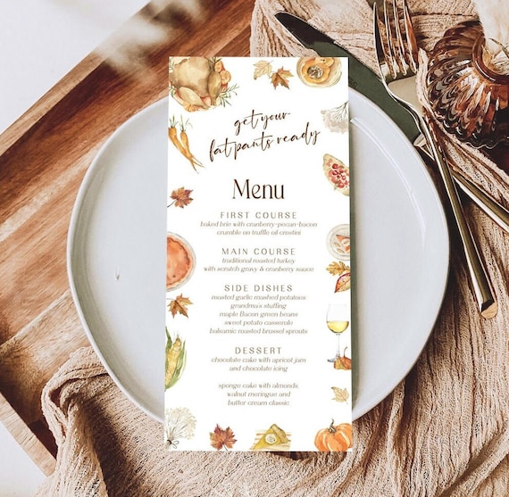 Thanksgiving Dinner Menu Template Funny Get Your Fat Pants Ready Thanksgiving Menu Printable Fall Menu Card, Editable Fall Dinner Menu TG T5
