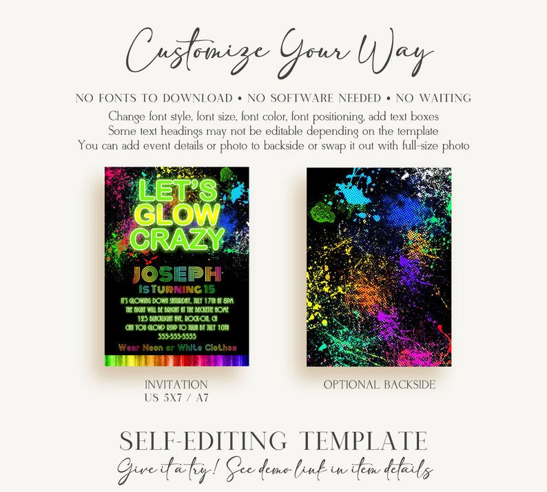 EDITABLE Glow Birthday Invitation Boys Glow Invitation Neon Glow Invitation Neon Glow Party Glow In The Dark Birthday Party Download