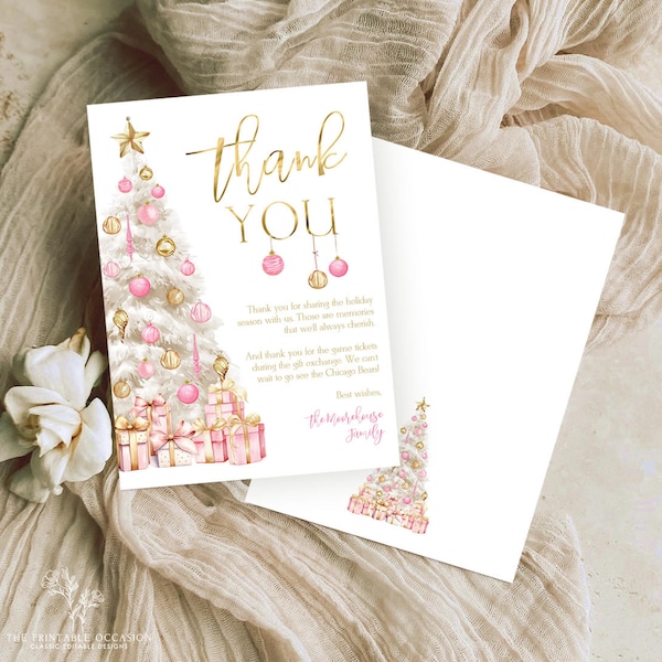 Editable Christmas Party Thank You Card, Printable Pink and Gold Christmas Tree Thank You Card, Christmas Tree Party Thank You Card T3B