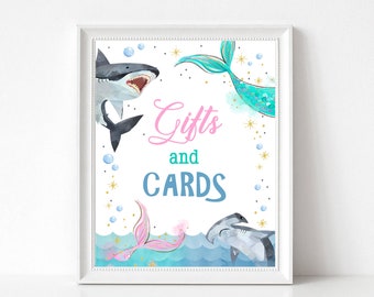 Gifts and Cards Sign Sharks and Mermaids Gifts and Cards Sign Mermaids and Sharks Cards and Gifts Sign Sibling Birthday Party Table Sign SH3