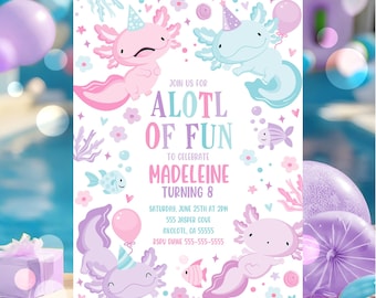 Editable Axolotl Birthday Party Invitation Cute Axolotl Lake Birthday Party Cute Girly Alotl Fun Birthday Party Canva Instant Download AX1