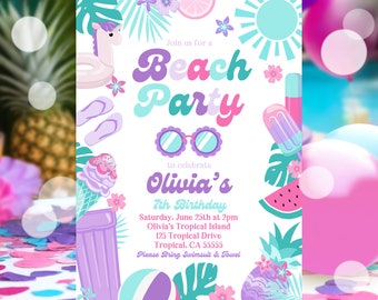 EDITABLE Beach Birthday Party Invitation Tropical Splish Splash Girly Beach Party Invite Summer Party At The Beach Instant Download P6