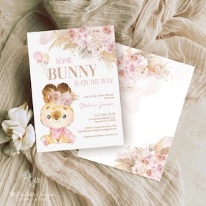 EDITABLE Boho Bunny Rabbit Baby Shower Invitation Bohemian Pink Pampas Grass Girl Bunny Baby Shower Some Bunny Shower Instant Download PGB1 image 2