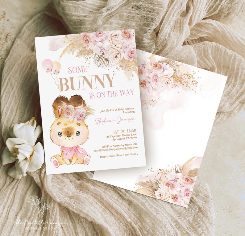 EDITABLE Boho Bunny Rabbit Baby Shower Invitation Bohemian Pink Pampas Grass Girl Bunny Baby Shower Some Bunny Shower Instant Download PGB1 image 2