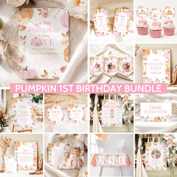 Pink Pumpkin Birthday Bundle Editable Fall Invitation First Birthday Girl Boho Pumpkin Invite Printable Autumn Birthday Template PM1