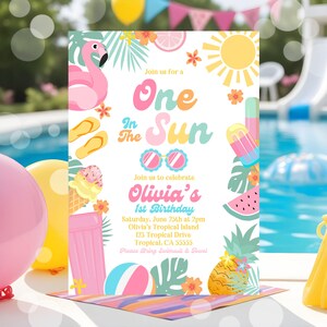 Editable One In The Sun 1st Birthday Party Invitation Tropical Summer Splish Splash Girly 1st Birthday Party Pool Party Instant Download P4