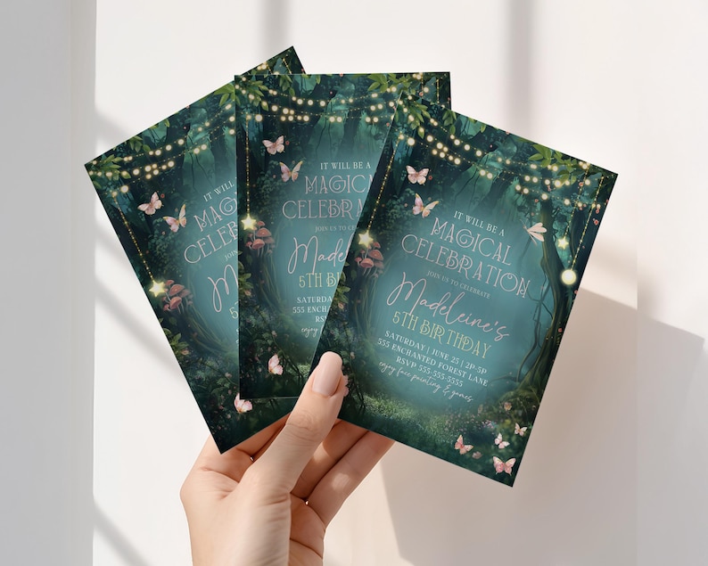 A set of enchanted forest birthday invitations printed and ready to share, highlighting the fairy garden woodland party theme. This girls birthday invitation features fairy lights, butterflies, and glowing enchanted details. Editable in Canva, this magical forest invite is ideal for woodland birthday parties.